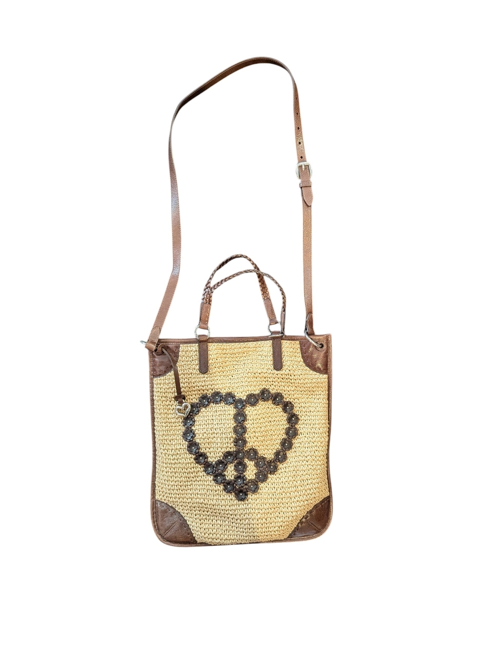 WOMEN’S BRIGHTON TAN BROWN WOVEN FLORAL PEACE SIGN CROSSBODY TOTE BAG